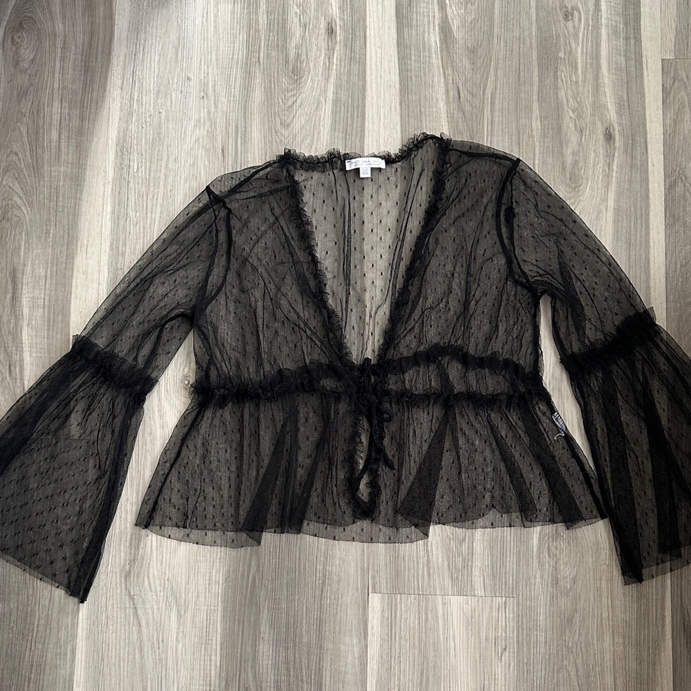Sheer Black Lace Ruffle Bell Sleeve Top
